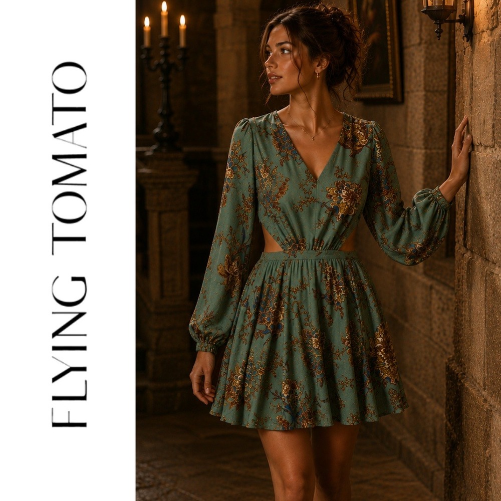 Flying Tomato, Dusty Teal Floral Paisley Cutout Mini Dress Long Sleeve Large